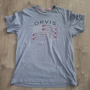 Orvis Patriotic Fishing Pole Flag Shirt Blue Size L